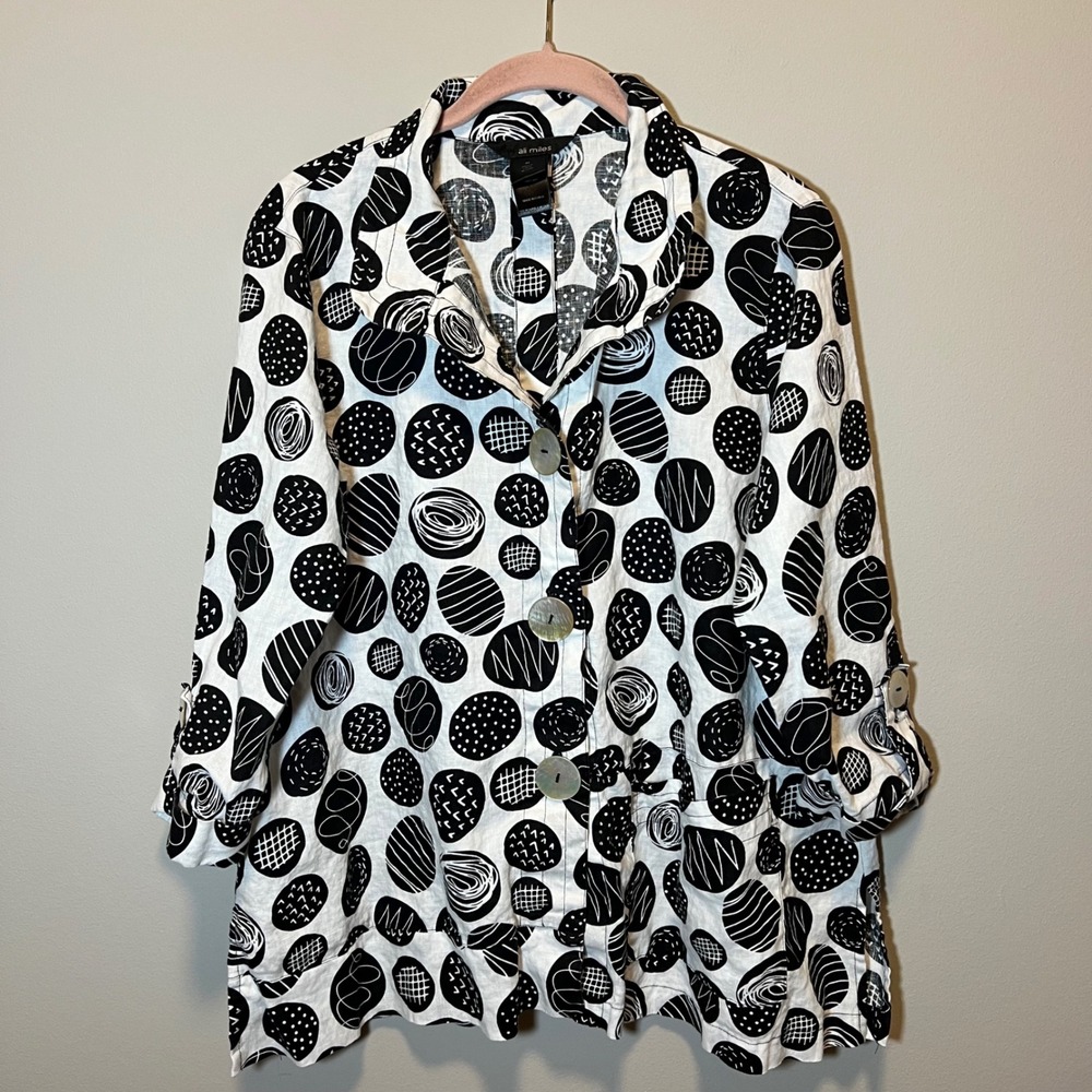 Ali Miles Womens Linen Abstract Circle Print Button Up Tunic Top Black White M